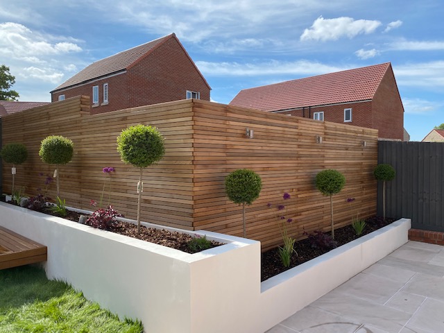 Bristol Garden design white wall with ball bay trees and fencing
